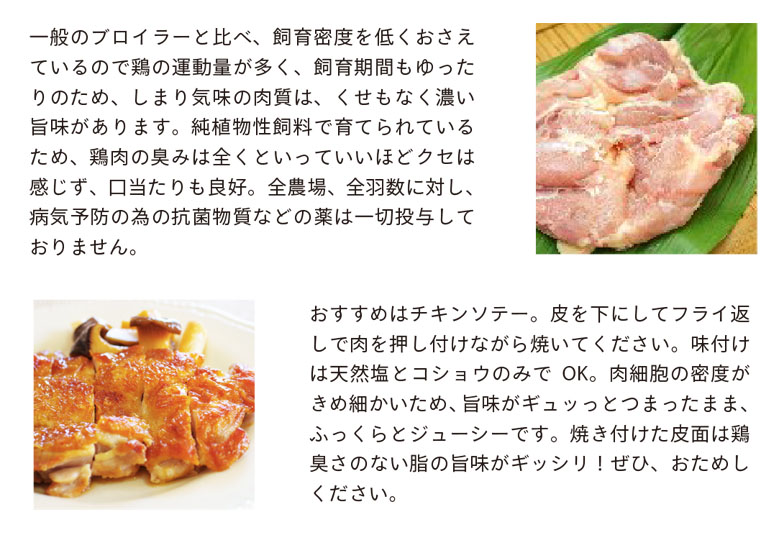 一般のブロイラーと比べ、飼育密度を低くおさえているので鶏の運動量が多く、飼育期間もゆったりのため、しまり気味の肉質は、くせもなく濃い旨味があります。純植物性飼料で育てられているため、鶏肉の臭みは全くといっていいほどクセは感じず、口当たりも良好。全農場、全羽数に対し、病気予防の為の抗菌物質などの薬は一切投与しておりません。おすすめはチキンソテー。皮を下にしてフライ返しで肉を押し付けながら焼いてください。味付けは天然塩とコショウのみでOK。肉細胞の密度がきめ細かいため、旨味がギュッっとつまったまま、ふっくらとジューシーです。焼き付けた皮面は鶏臭さのない脂の旨味がギッシリ!ぜひ、おためしください。